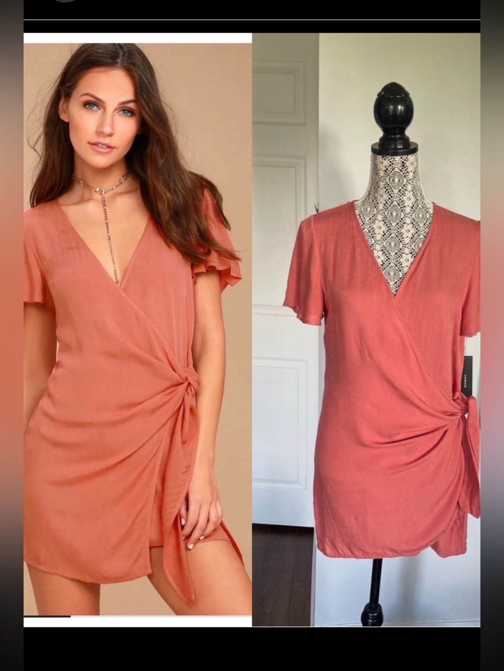 NWT Lulu’s Rusty Rose V-Neck Vashti Soft Wrap Dress Flutter Sleeve. Medium.
